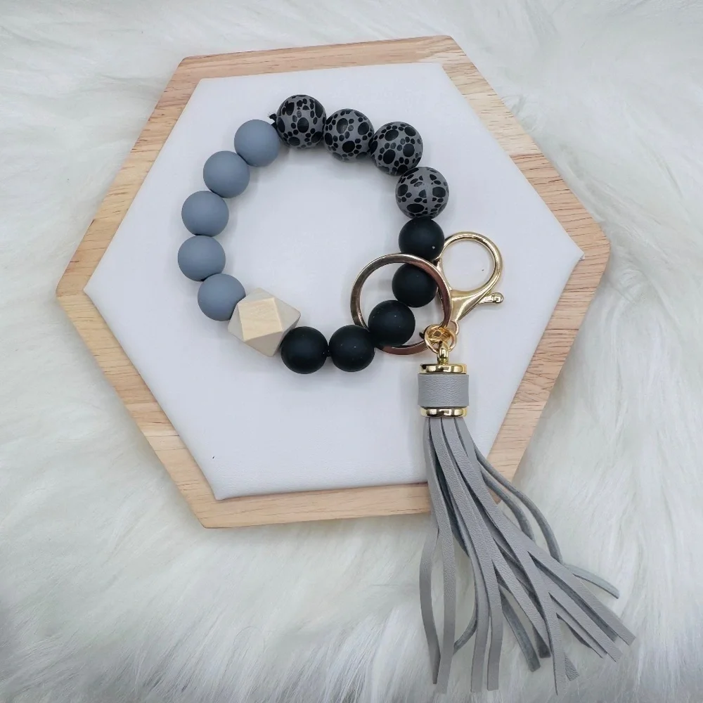 Paw Print Gray & Black Beaded Bracelet w/ Keychain & Tassel
